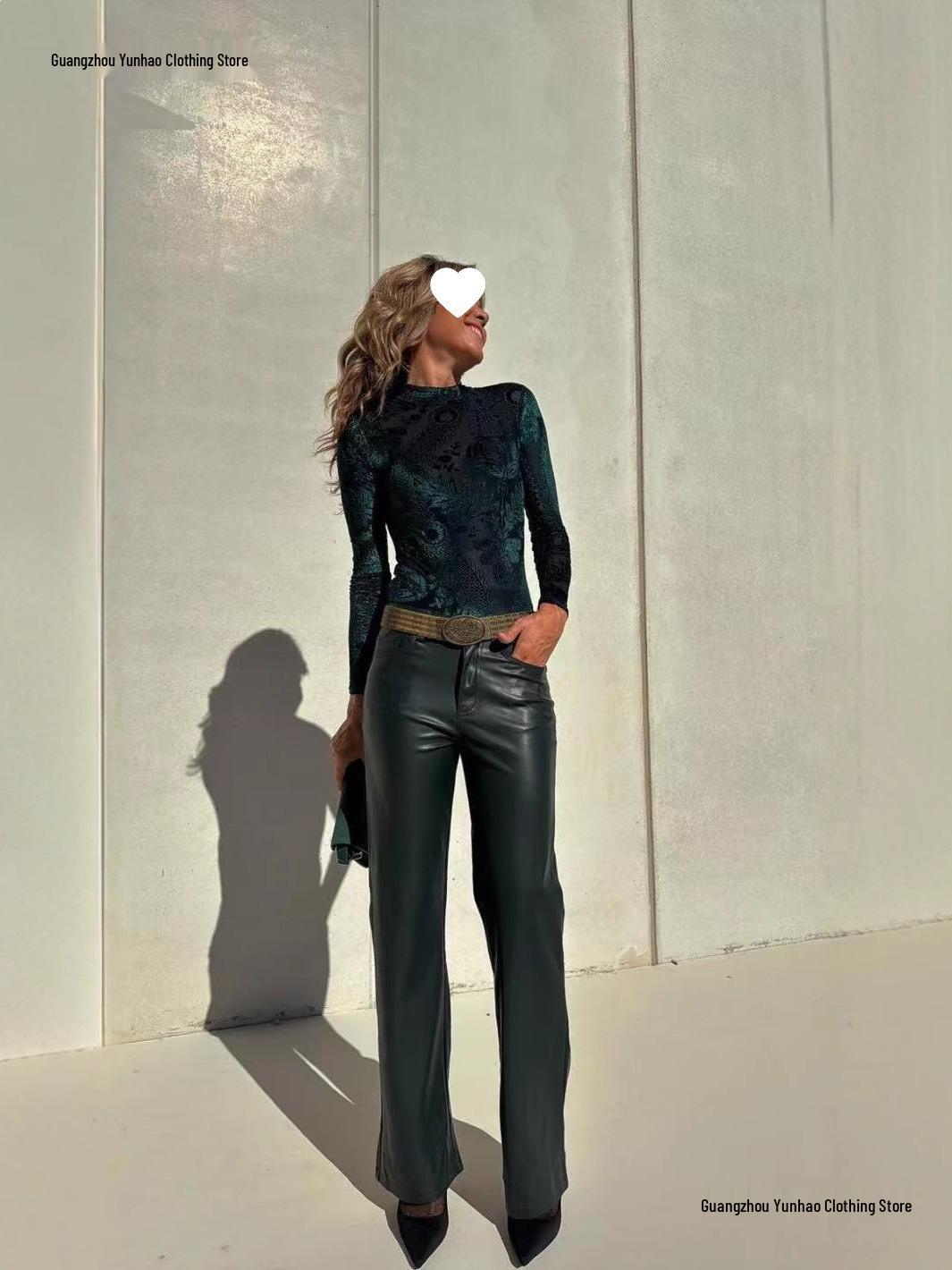

Women s European & American High-End High-Waisted Slimming Leather Straight-Leg Pants - Autumn Drapey Loose Casual Fit S темно-зелений колір