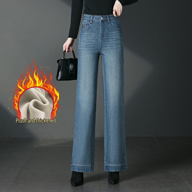 

High-Waist Cashew Wide-Leg Jeans for Middle-Aged Women - Plus Velvet, Thick, Winter Style 31/3XL синий