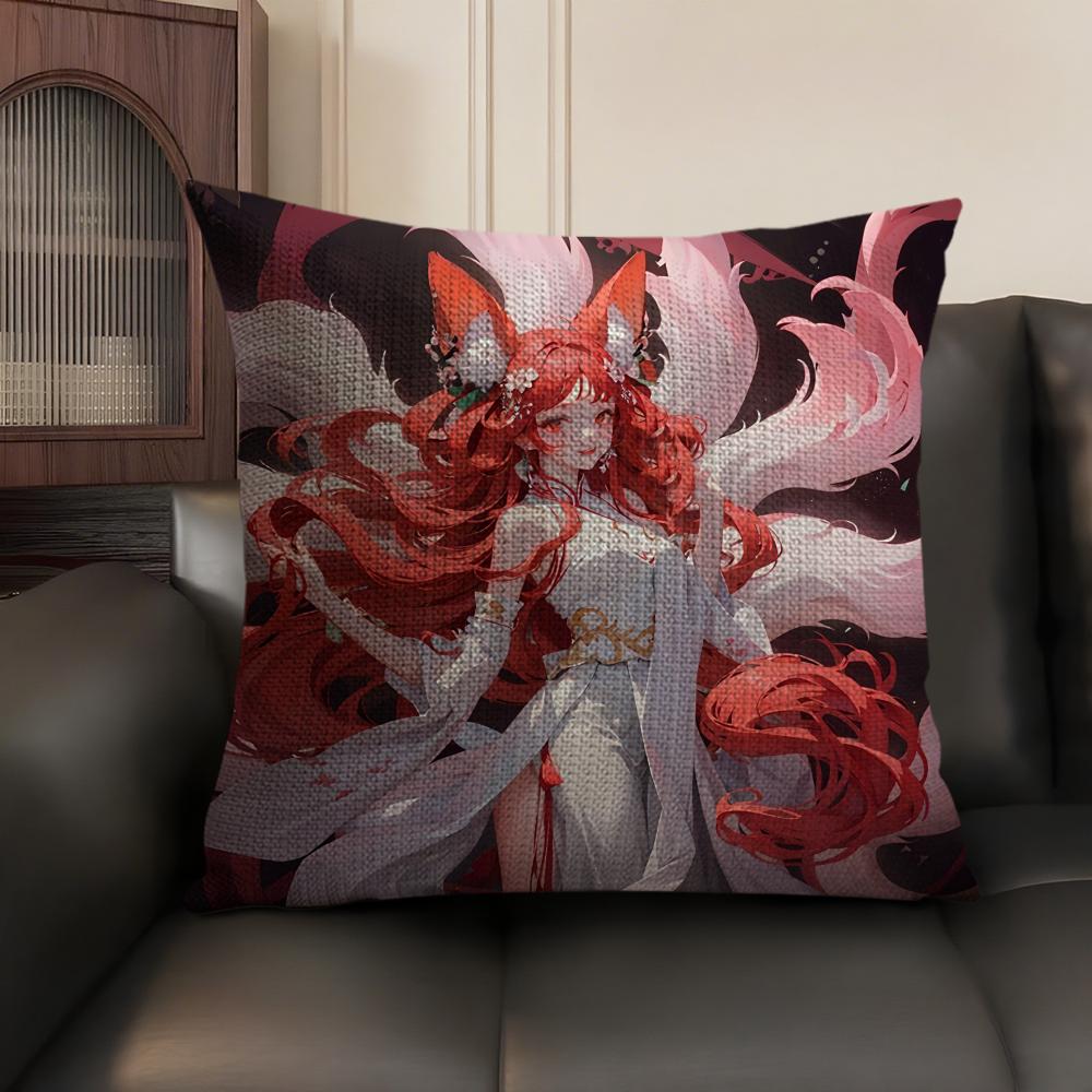 Nine-Tailed Fox Girl Cushion Cover Natural Linen Organic Fabric Double-Sided Printing Sofa Home Decor Gift Pillow Case