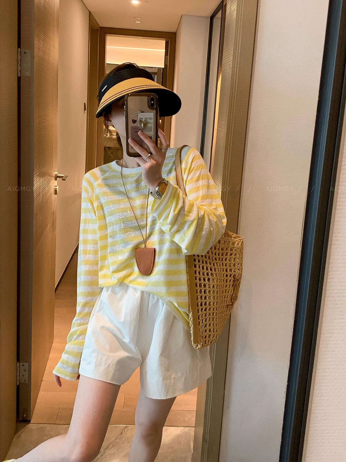 Women s Crew Neck Long Sleeve Top Oversized Fit Japanese Korean Casual Striped T Shirt Loose Lightweight Summer Basic Tee SIZE