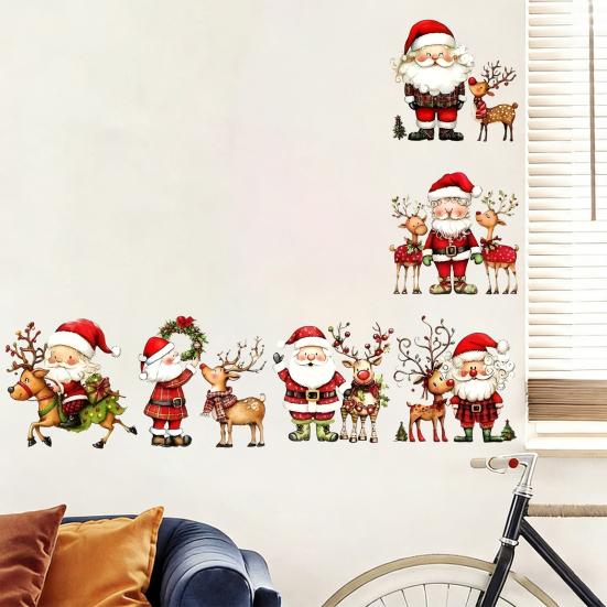 Indoor Christmas Scene Wall Stickers, Watercolor Santa Claus Reindeer Decals, Self-Adhesive Festive Decorations Stickers for Living Room Bedroom