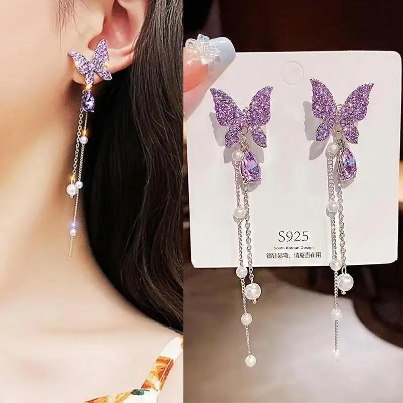 925 Silver Needle Green Red Butterfly Long Tassel Earrings For Women Jewelry Trending Korean Fashion Crystal Drop Earrings