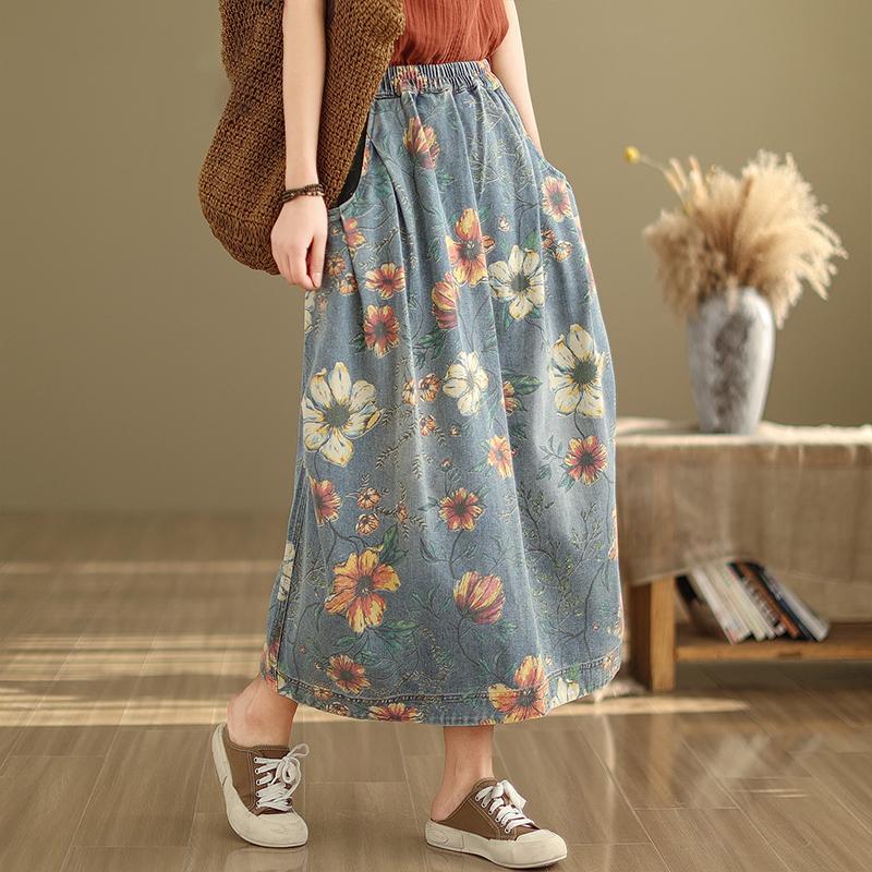 Denim Women Spring Midi Autumn Skirt Elastic Waist Floral Print Vintage Skirt Retro Elegant Ladiess Skirt With Pockets