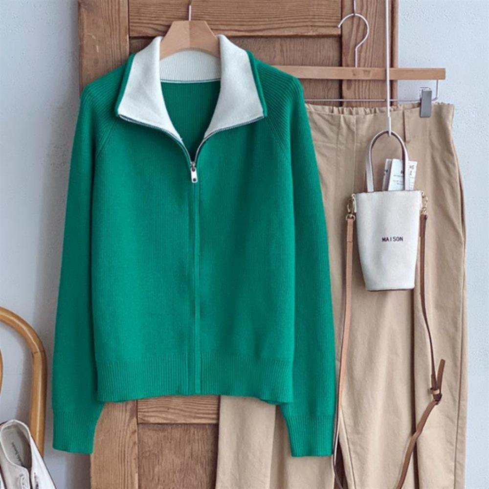 New Arrivals Open Run Women Viscose Raglan Color Block Collar Neck Zip Knit Card