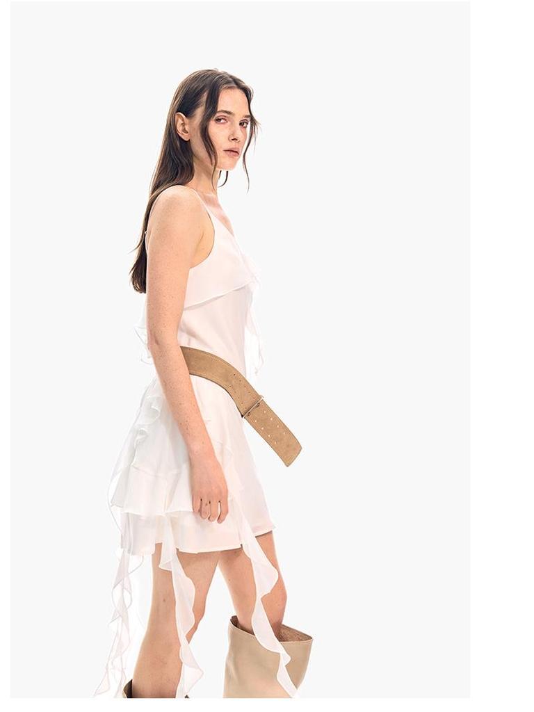 Korean Style Irregular Ribbon Layered V-Neck White Camisole Dress