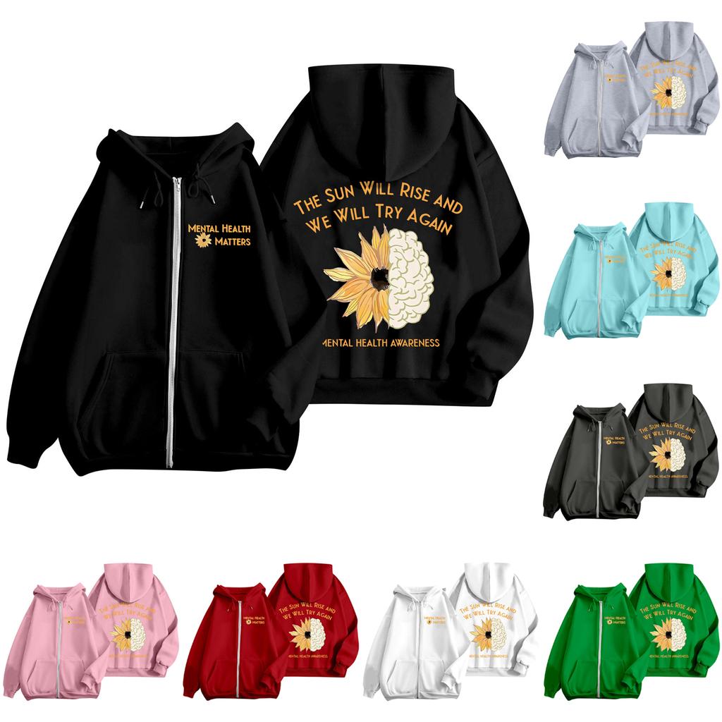 Women's Fashionable Printing Long Sleeved Hooded Pocket Casual Hoodie Jacket