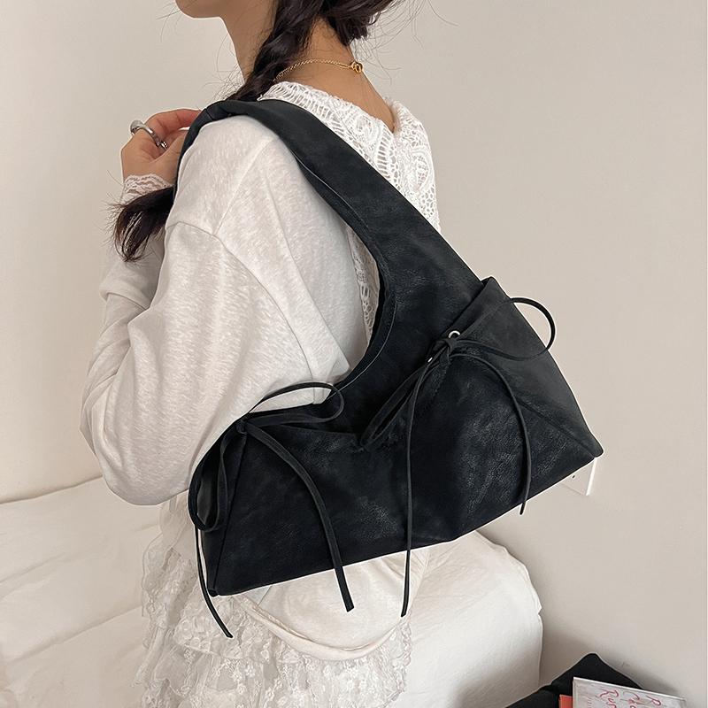Cream Soft Shoulder Bag with Adjustable Drawstring Bows for Casual Daily or Trendy Urban Outings