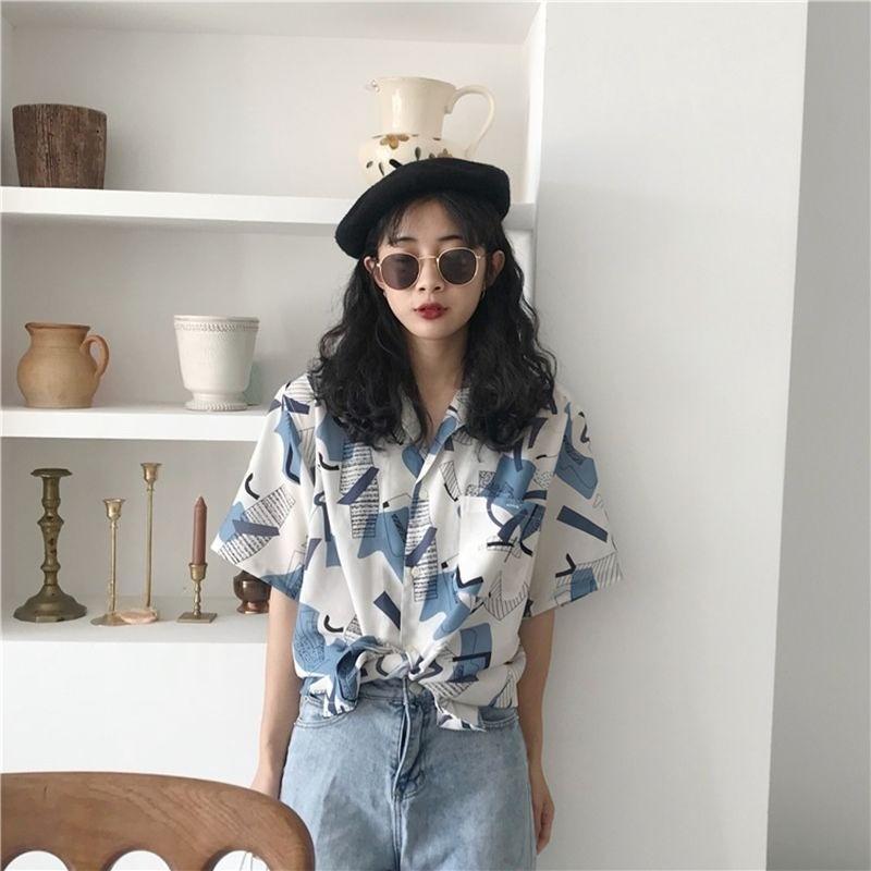 Summer Women's Short Sleeved Shirt Geometric Print Casual Vacation Style Blouse Loose Versatile Women's Clothing