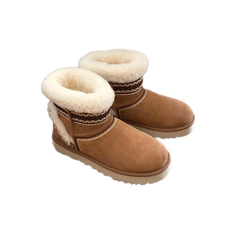 Womens Short Snow Boots Winter Warm Wool Lined Flat Heel Round Toe Slip-On Ankle Boot