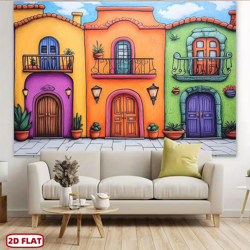 2D Colorful Mexican Village Backdrop, Hand-Drawn Street Scene Background for Themed Events