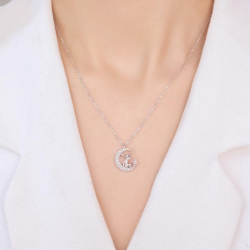 S925 Sterling Silver Little Prince Moon Zircon Pendant Necklace , Cute Cartoon Jewelry for Women , Summer Trendy Commute