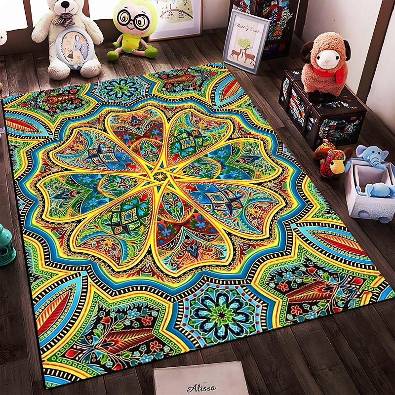 Colorful Mandala Pattern Carpet with Geometric Floral Design, Large Rug Suitable for Use As an Anti-slip for Living Room Bedroom Sofas