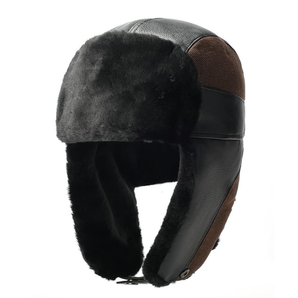 Winter PU Trapper Hat Outdoor Windproof Ski Cap Ear Flap Protection Thickened Fleece Lined Warm Hat