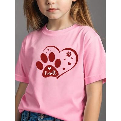 Europäische Größen Mädchen Sommer Rundhals Kurzarm T-Shirt mit Pfotenabdruck Herz Caroll Print, Bequeme Lockere Passform, Geeignet für Campus Straße