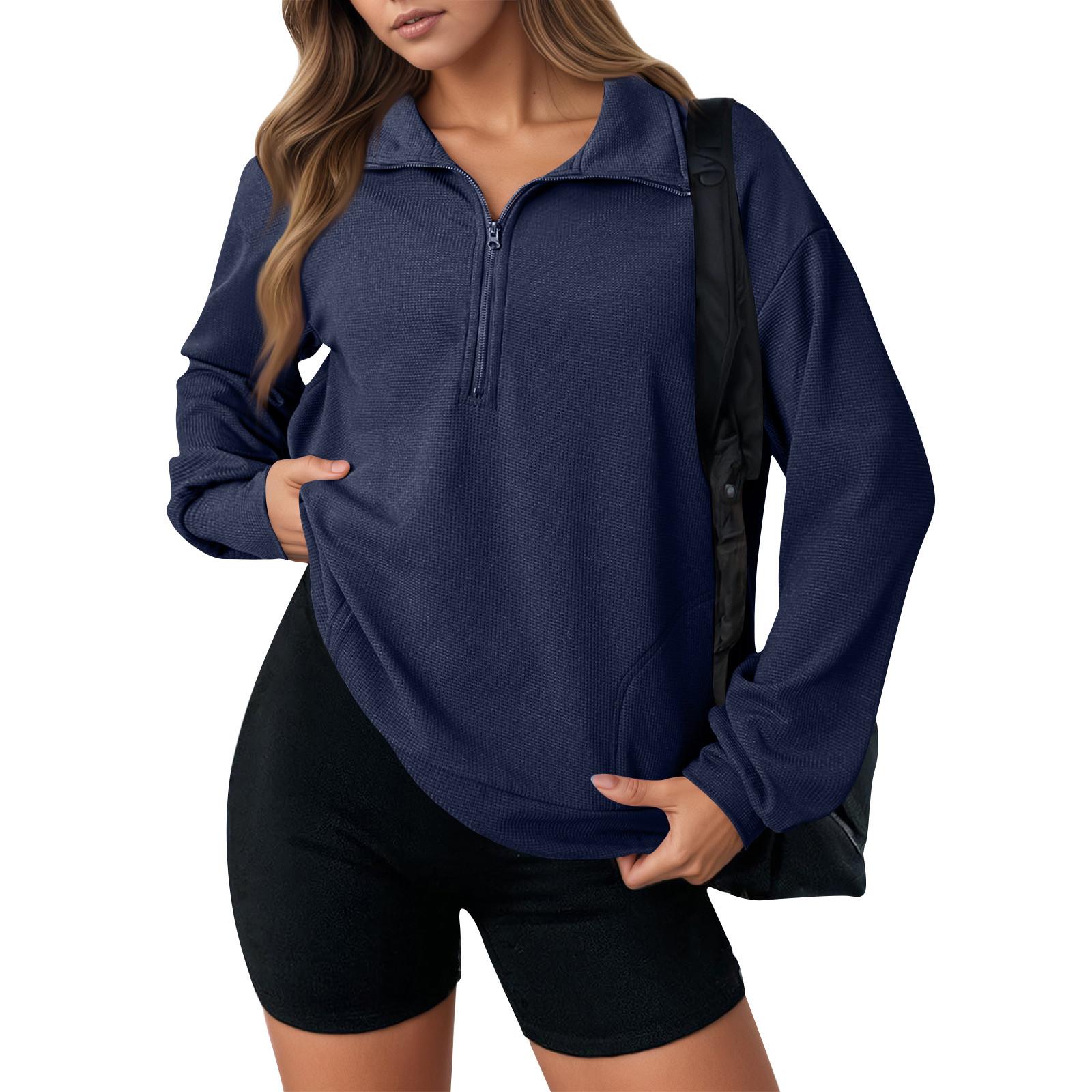 

Жіноча мода Однотонний Колір Блискавка Лацкан Однотонний Колір Повсякденна Толстовка Топ S Темно-синій