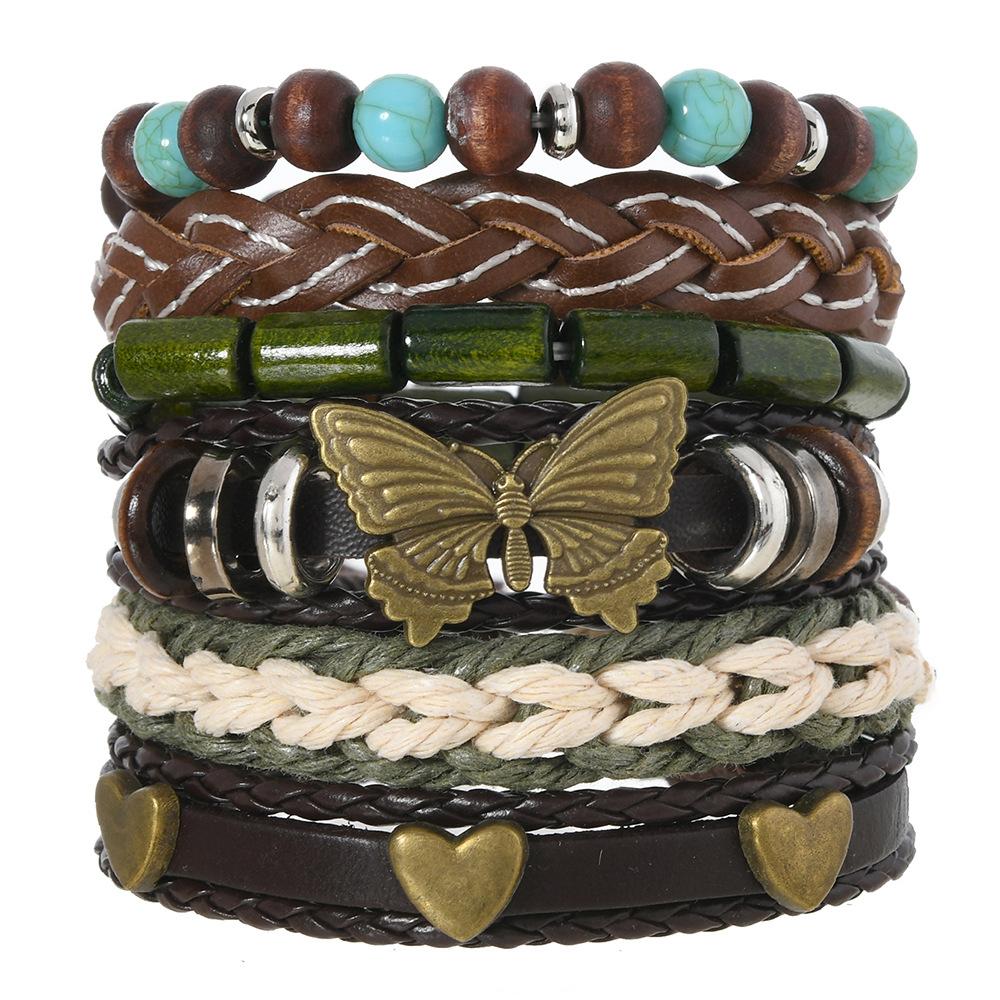 Leather Bracelets for Men Women Handmade Wrap Woven Cuff Bracelets Wooden Beaded Bracelets Vintage Ethnic Tribal Wristbands Bracelet Set Adjustable