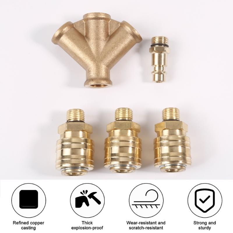 Upgraded Compressed Air Distributor 3-Way with Couplings 1/4Inch Air Hose Quick Coupling Distributor Brass Compresser