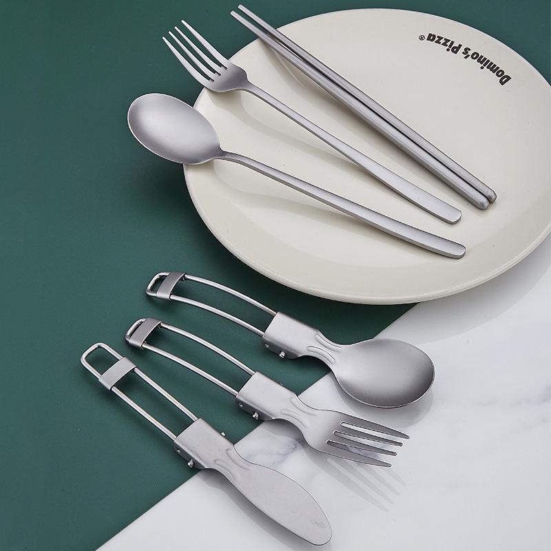 304 Titanium Stainless Steel Outdoor Folding Cutlery Set: Spoon, Fork, Chopsticks, Knife - Customizable Titanium Purified Set