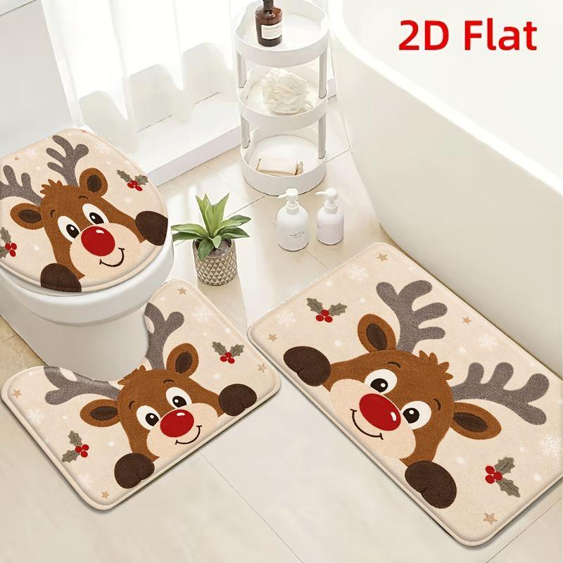 Beige Christmas Reindeer Toilet Mat U Shaped Floor Mat for Bathroom Cute Holly Soft Washable Cozy Non Slip Home Decor