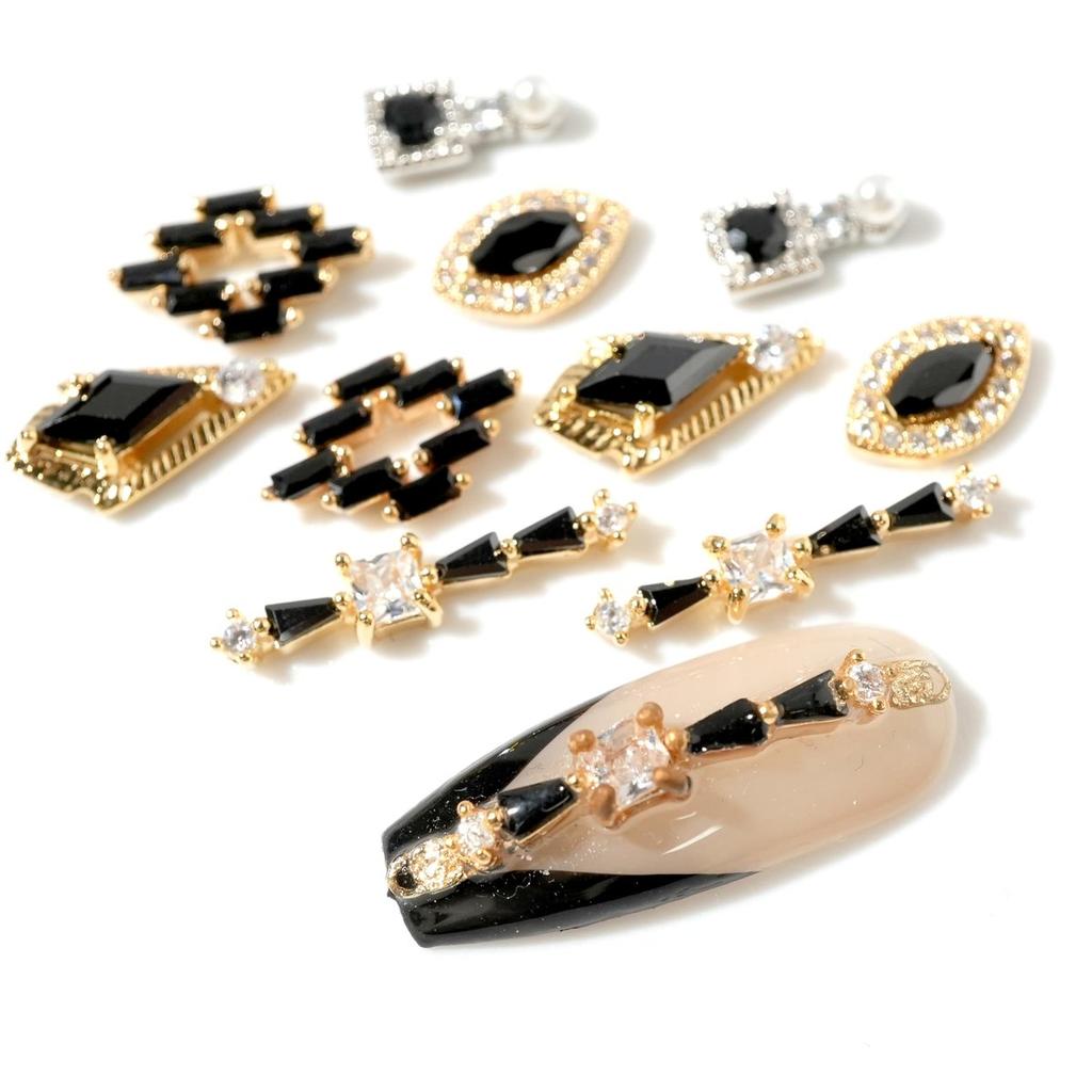SONAIL Halloween Witch Noir Nail Art Parts & Stickers Set, 11-Piece Black Crystal Nail Decorations, 18K Gold Plated AAA Zirconia