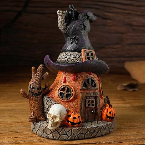 Halloweenská socha čarodějnického domu s LED světlem Magický dům Pryskyřičná figurka Socha Ozdoba pro domácí kancelář Stolní dekorace