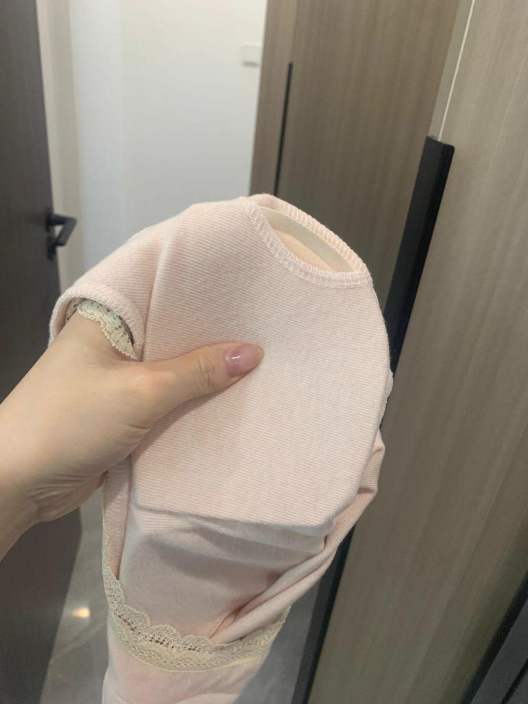 Women's Tight-Fit Lace Low Square Neck Long Sleeve Apricot T-Shirt