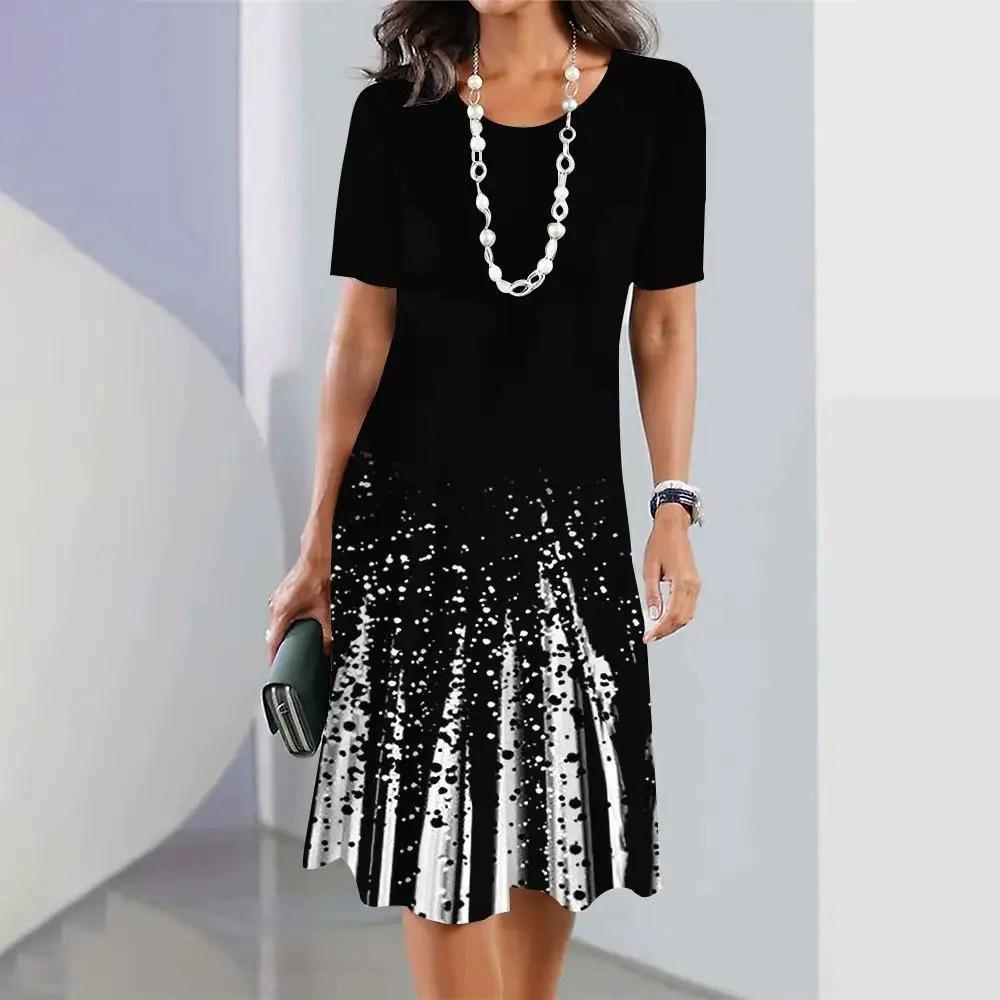 Summer Women's Round Neck Short Sleeve Printed Fashion Loose Midi Dress