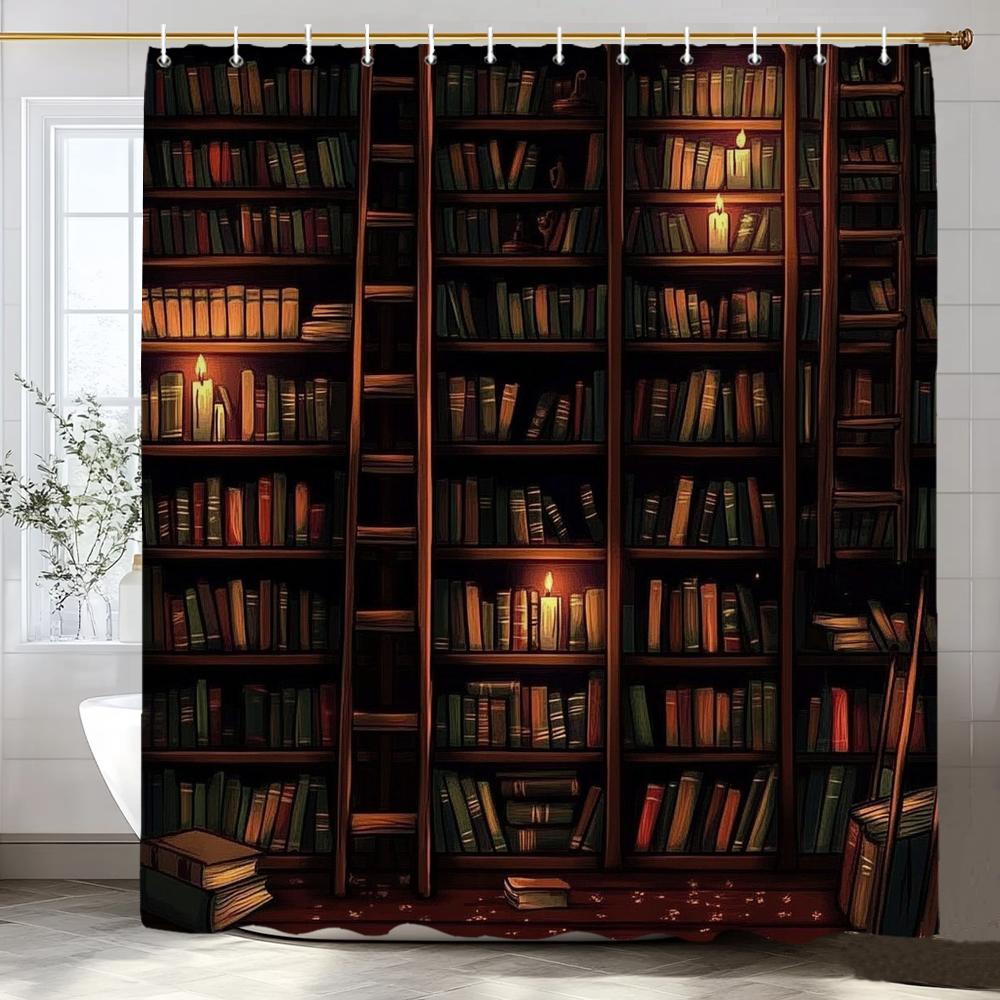 1pc Vintage Library Shower Curtain Old Book Bookshelf Candles Home Polyester Fabric Bathroom Decorative Home Curtain With Hooks