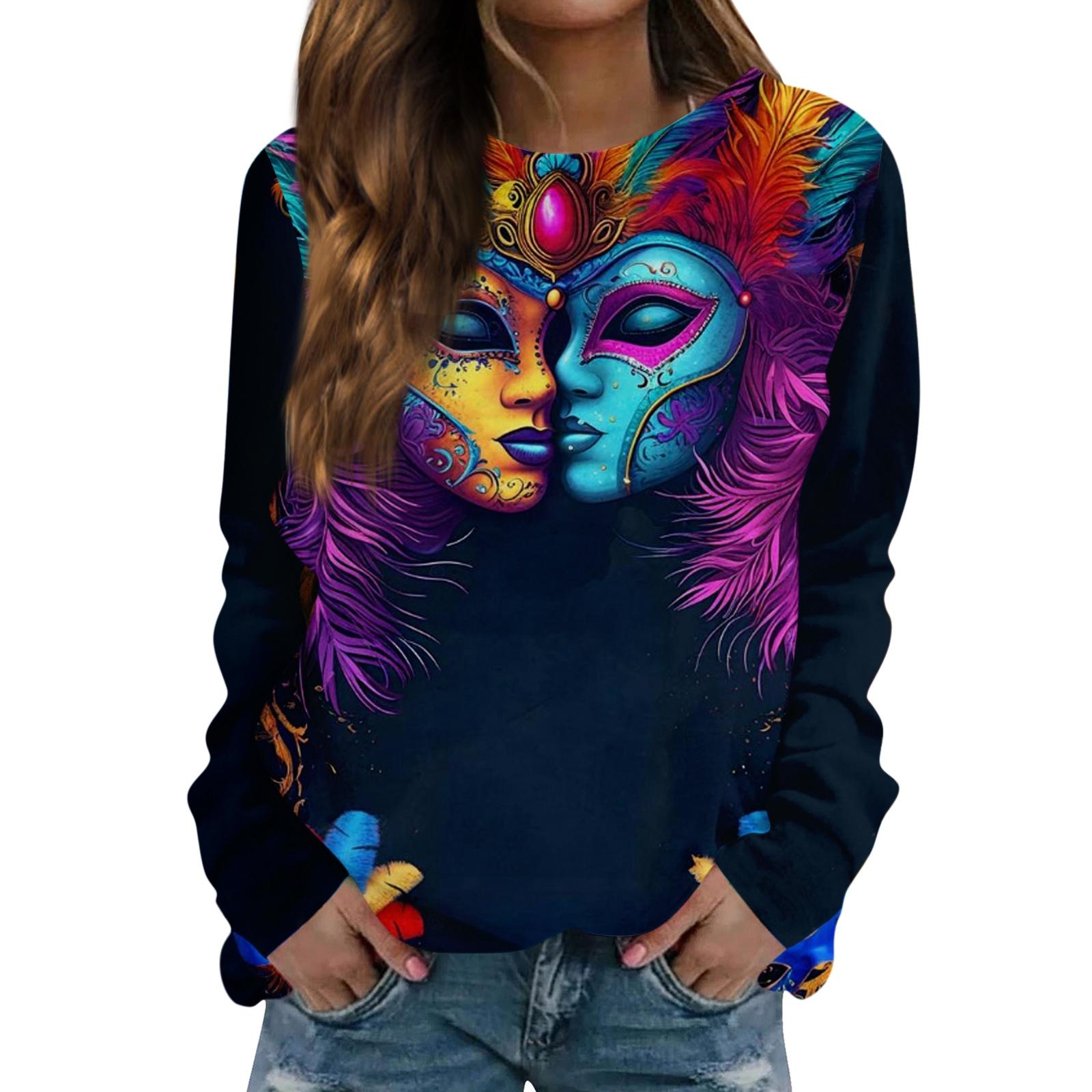 

Women s Fashion Casual Long Sleeved Print Round Neck Sweater Top L