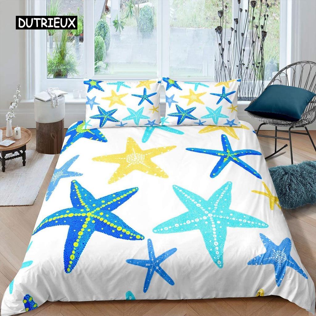 Starfish Duvet Cover Set Summer Beach Seashell Starfish Twin Bedding Set Polyester Hawaiian Tropical Nature Sea King Quilt Cover