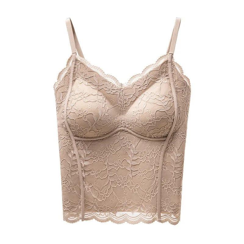 Women Romantic Lace Camisole Top With Built In Bra Pads Slim Fit Inner Wear