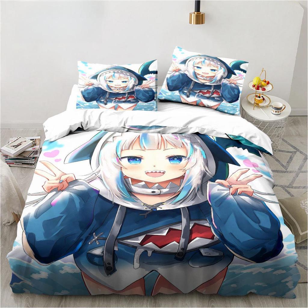 Kawaii Gawr Gura Söt Tjej Min Vinkel Kung Tvilling Dubbel Barnsängkläder Mikrofiber Eller Polyester 3D-tryck Anime Påslakan Set