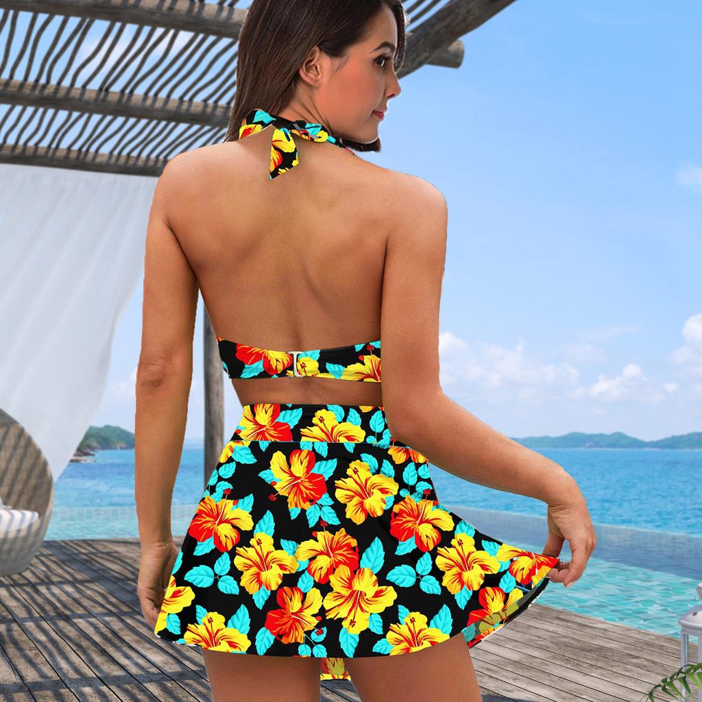 Women's Neck Hanging Swimsuit with Yellow Floral Print Bikini Short Tank Top Swimsuit
