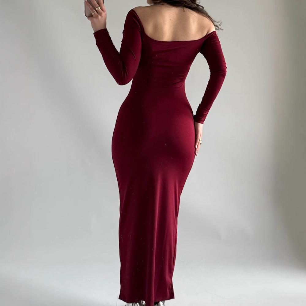 Off-Shoulder V-Neck Long Sleeve Slimming Bodycon Dress