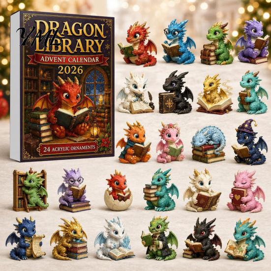 Unique Holiday Gift Ideas Dragon Advent Calendar 2026, 24 Day Bookish Christmas Countdown with Stocking Stuffers for Kids Mini Acrylic Dragons,