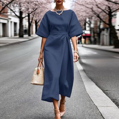 Women Solid Color Casual Round Neck Loose Half Sleeve Dress