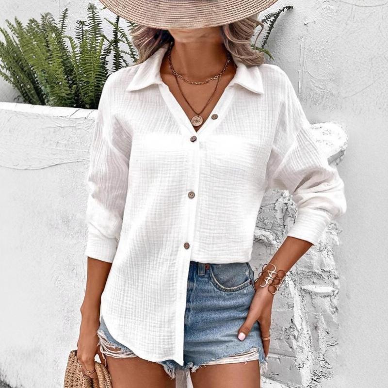 Women's Collared Long Sleeve Cotton Gauze Regular Fit Casual Button Down Shirt Blouse