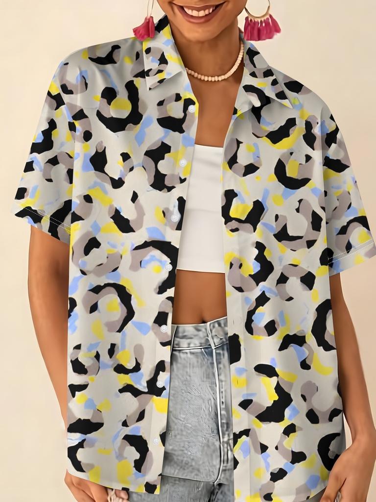 Love printed short-sleeved shirt women's summer loose casual lapel shirt retro niche top