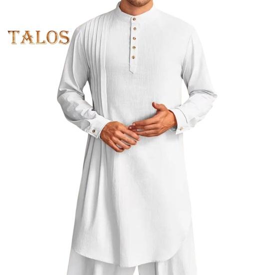 

Мужской хлопковый льняной кафтан с длинным рукавом и круглым вырезом, однотонный халат с воротником на пуговицах, дышащая арабская одежда для молитв, повседневная одежда M белый