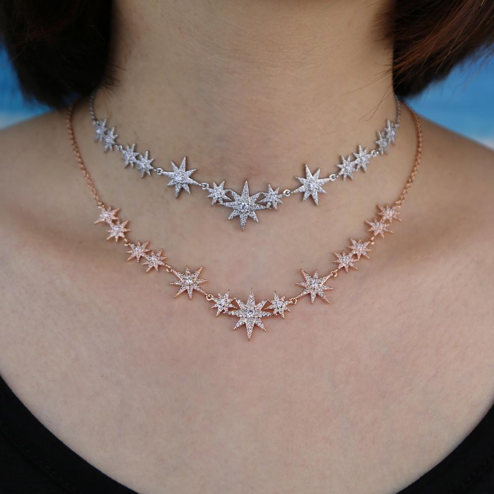 High Quality Iced Out Bling Sparking Clear Cubic Zirconia CZ Paved Star Starburst Charm Choker Necklace For Women