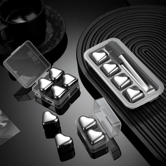 Heart-Shaped Whiskey Stones Reusable 304 Stainless Steel Non-Diluting Drink Chillers for Wine Cocktails with Tongs Dishwasher Safe Cooling Blocks