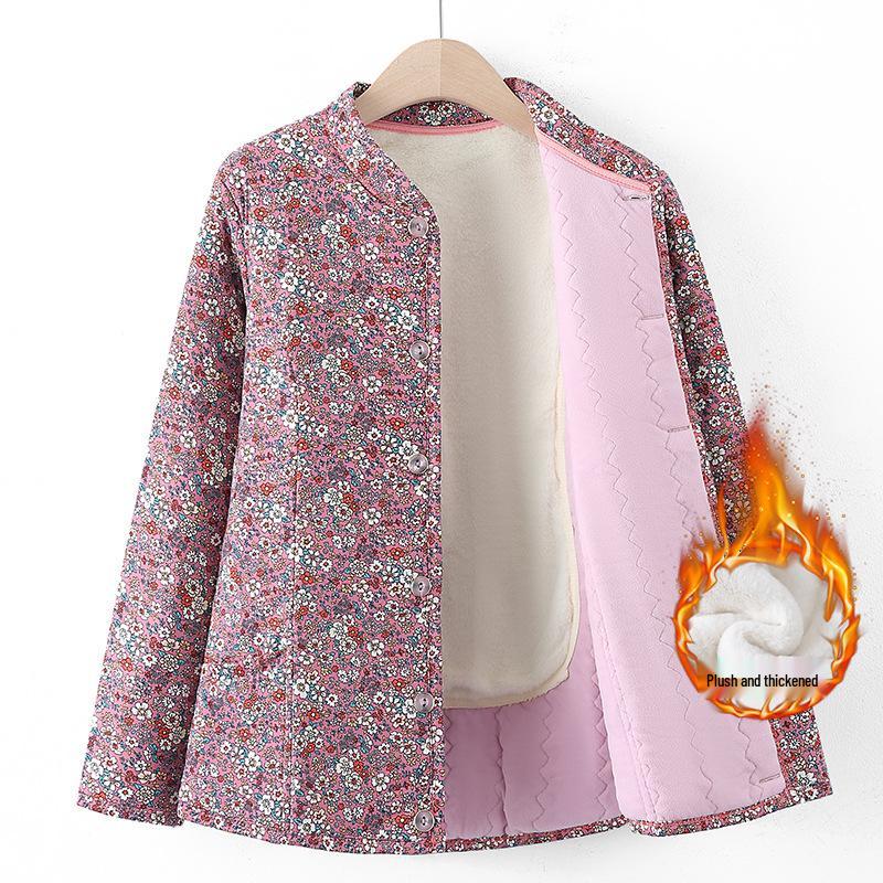 Grandma's Winter Floral Cotton Jacket with Velvet Lining - Warm, Thickened, Small Size for Elderly Women