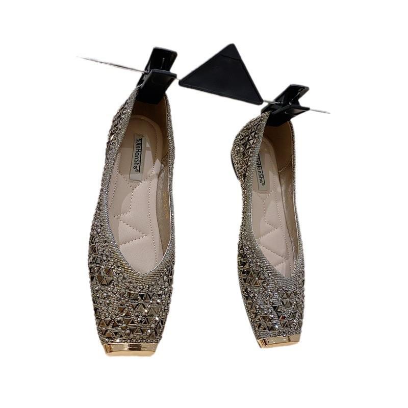 Spring Fashion Shallow Mouth Rhinestone Evening Breeze Gentle Soft Sole Doudou Shoes Square Head Flat Sole Single Shoes Women