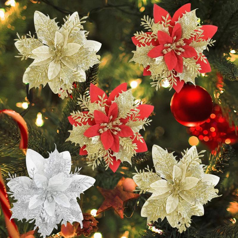 5PCS Glitter Poinsettia Artificial Xmas Flowers Ornaments for Christmas Tree Decorations Fake Flowers Head Christmas Decoration