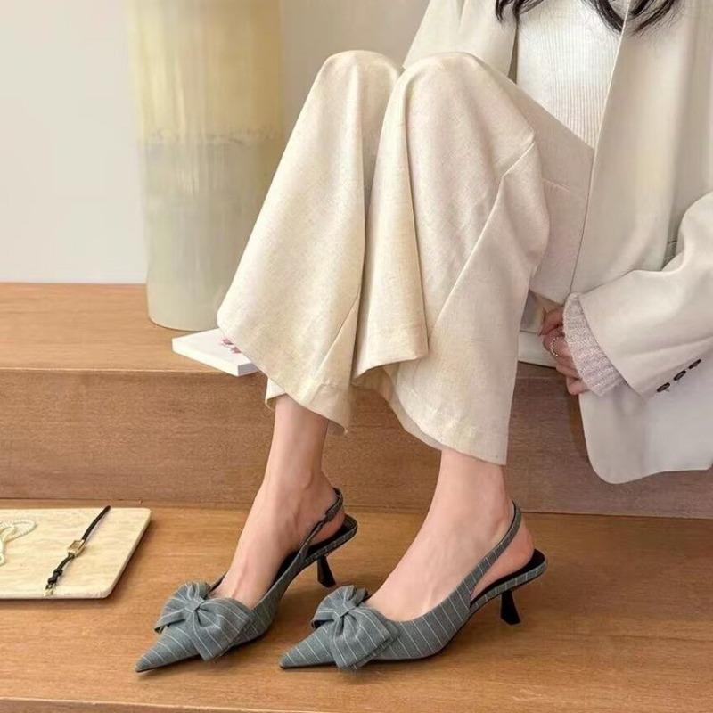 

Fashion Baotou Sandals Summer New Style Pointe Head Shallow Mouth Butterfly Knot Stripe Set Foot Non-slip Low Heel Shoes 35