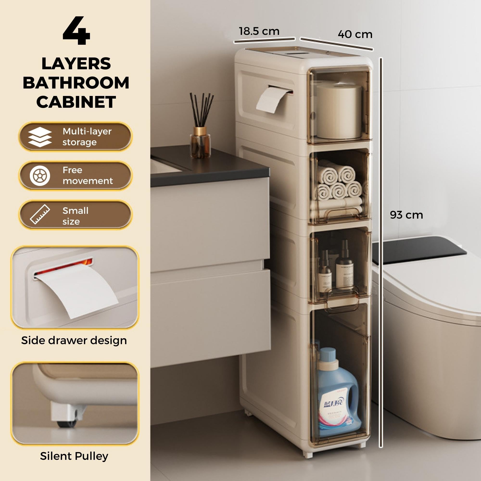 

Шкаф для хранения, узкий органайзер для ванной комнаты. Вспомогательные хранилища на роликах для узких помещений. Компактный шкаф с 4 ящиками для туалетной бумаги 4 layers белый