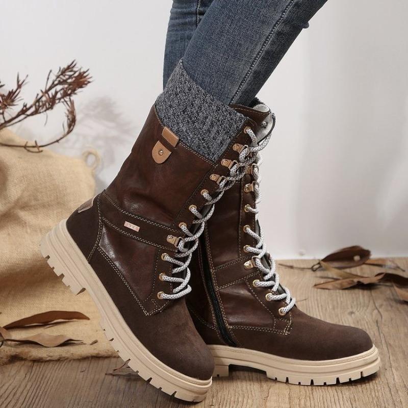 Fashion Winter New Round Head Suede Front Lacing Side Zipper Thick Sole High Boots Women's Fashion Thick Heel Cotton Boots