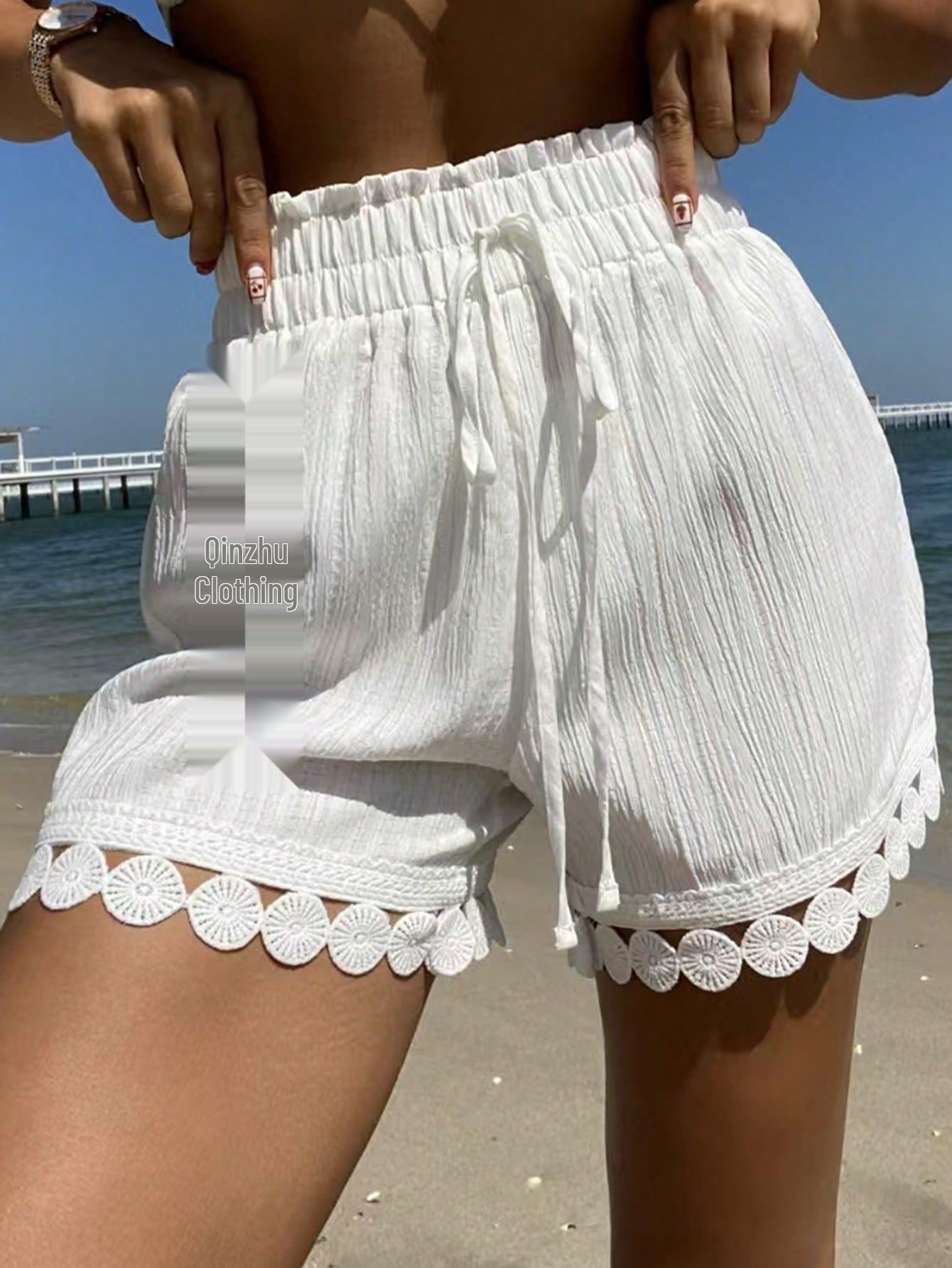 

2025 European & American Lace Trim Beach Casual Women s Tie-Up Shorts Small