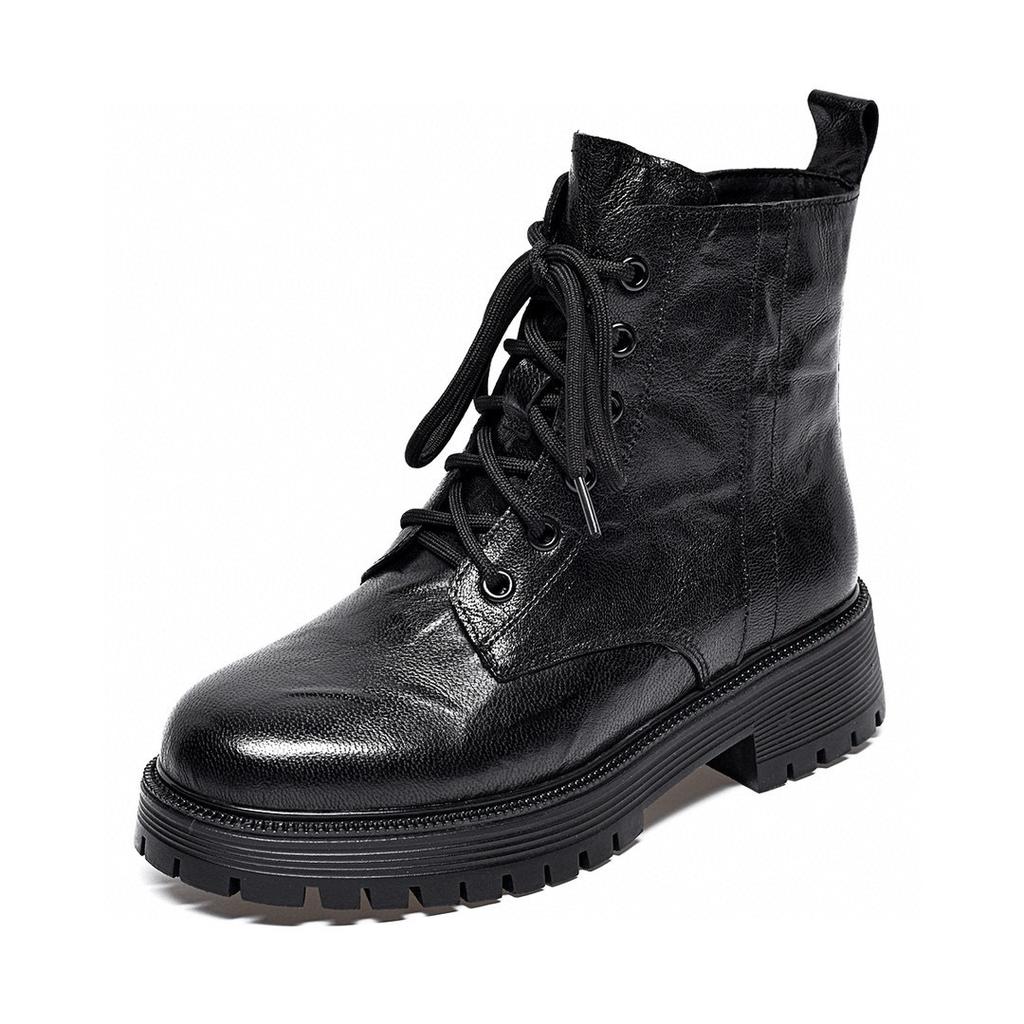 Martin boots women's autumn and winter new lace-up leather boots thick heel casual flat boots basic round head women's boots short boots