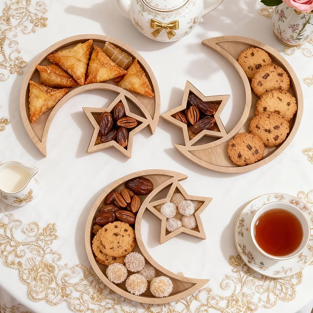 Wooden Moon Star Tray Dessert Snack Plate Serving Platter Home Decor Ornament for Festival Birthday Party Easter Gift
